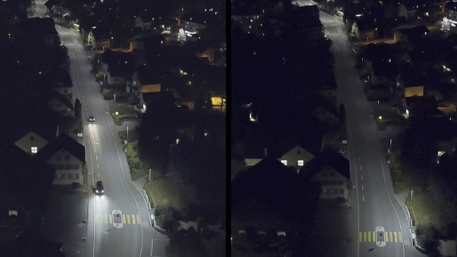 Je nach Verkehrsaufkommen verändert sich die Beleuchtungsstärke in Urdorf normgerecht zwischen 100% (links) und 40% (rechts).