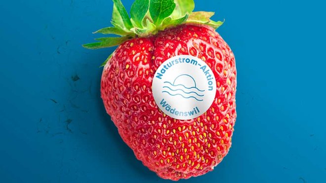 Erdbeere mit Logo der Naturstrom-Aktion Wädenswil